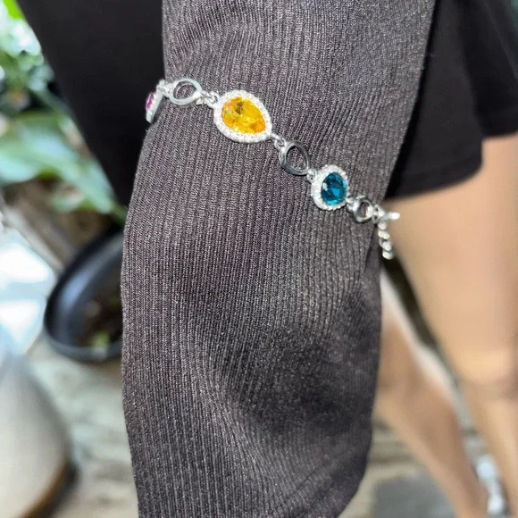 Multicolor Teardrop Crystal Bracelet - Elegant Silver Tone - Picture 5 of 7